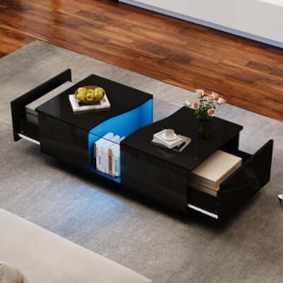 Led Coffee Table With 2 Drawer Storage, High Gloss Coffee Table For Living Room Unique Shape Centre Table With 16-Color Led Lights,End Table For Home Office Furniture, Black