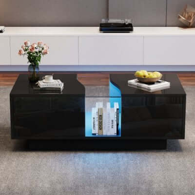 Led Coffee Table With 2 Drawer Storage, High Gloss Coffee Table For Living Room Unique Shape Centre Table With 16-Color Led Lights,End Table For Home Office Furniture, Black