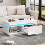 High Glossy LED Coffee Table With Drawer Storage, Wooden Centre Table With RGB Led Lights Rectangle Tea Table For Living Room Furniture, White Coffee Table With Open Display Shelf