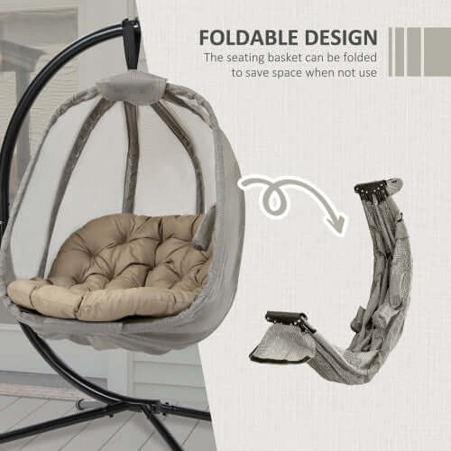 Outsunny Hanging Egg Chair, Folding Texteline Swing Hammock With Side Pocket, Cushion And Stand For Indoor Outdoor, Patio Garden Furniture, Khaki